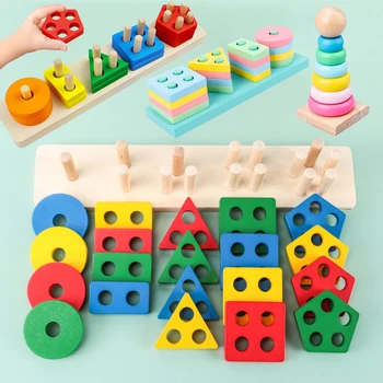 Laste Neli-post Geomeetriline Modelleerimine ehitusplokid MontessoriToys Macaron JigsawPuzzle õppevahendid Laste Puidust Mänguasjad