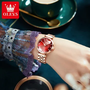 OLEVS Brändi Naiste Kellad Mood Daamid Quartz Watch Käevõru Komplekt Vein Punane Dial Lihtne Rose Gold Terasest Luksuslik Naiste Kellad